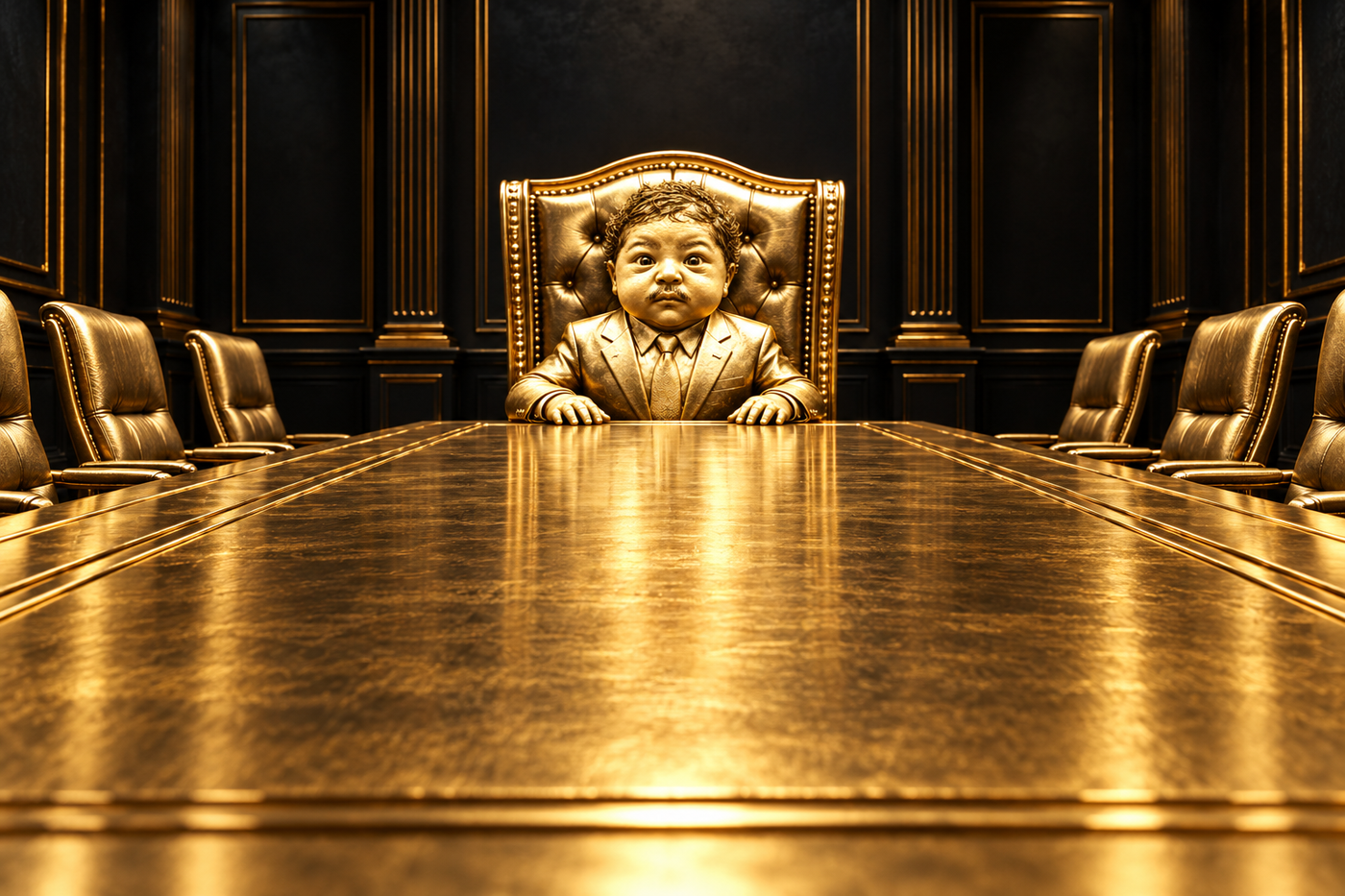 A tiny gold moustached boss seated at the end of an absurdly long, empty boardroom table