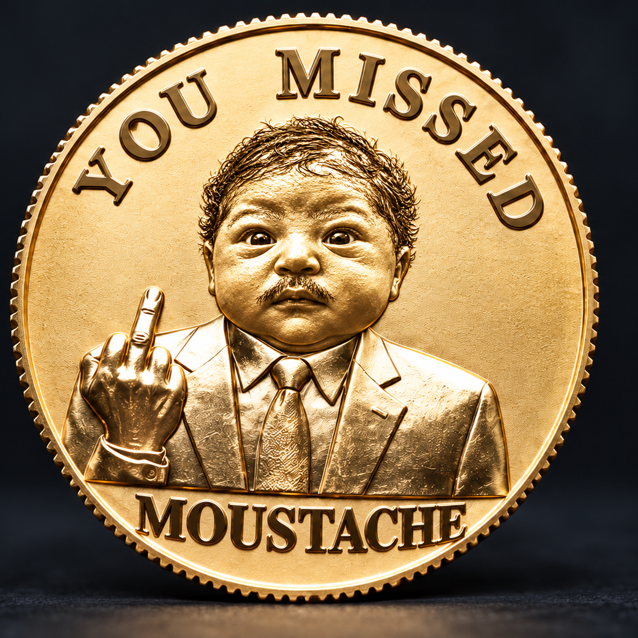 Gold coin with a wide-eyed, tiny-moustached character in a suit making a defiant gesture