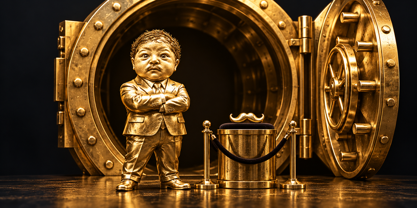 The little suited gold character guarding a single moustache-shaped ingot inside an enormous vault