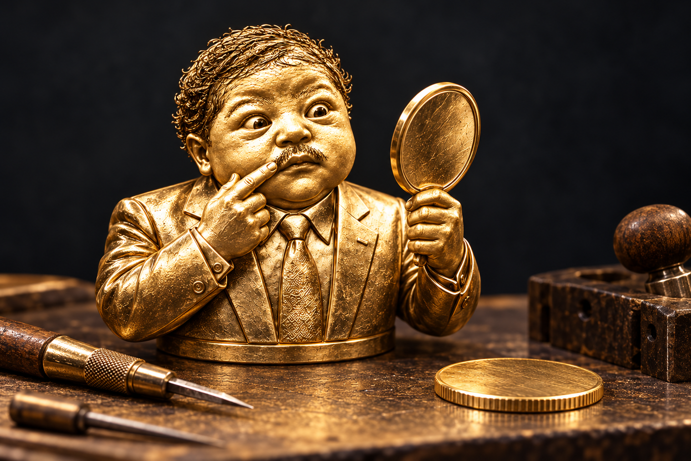 The little gold gentleman inspecting his moustache in a mirror at a coin-maker’s workbench
