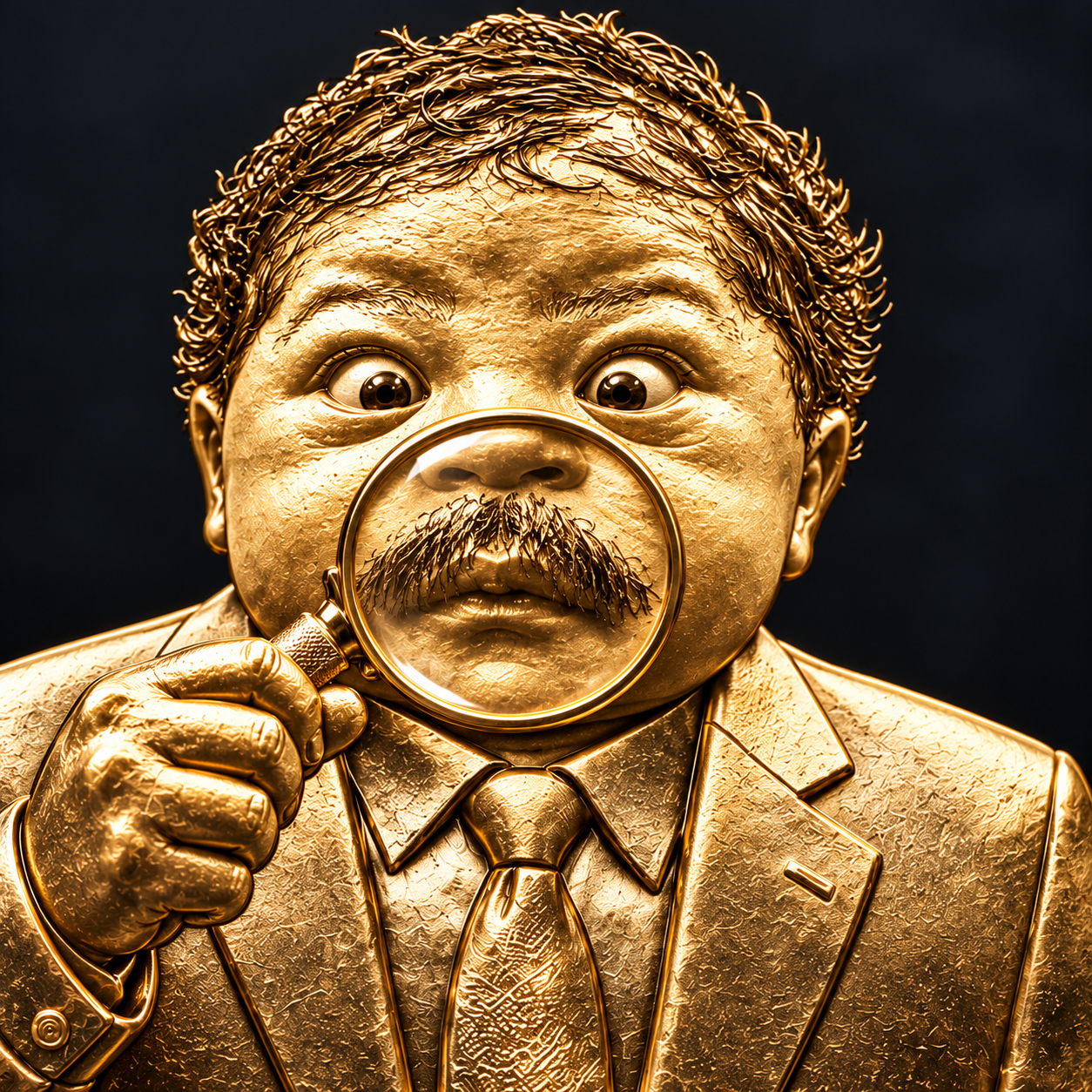 A gold gentleman magnifying his tiny moustache with a jeweller’s loupe